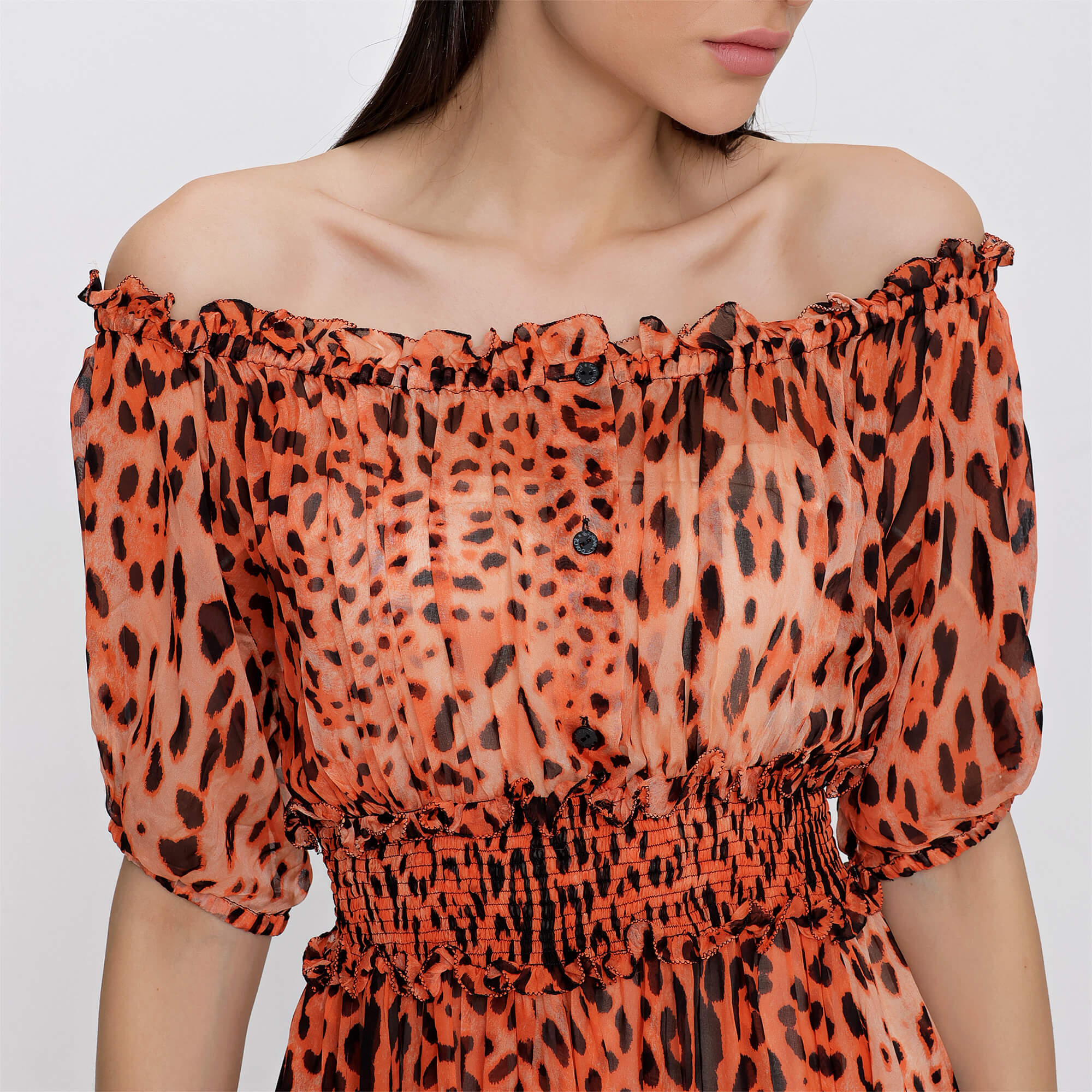 Dolce&Gabbana - Orange Leopard Printed Transparan Silk Dress